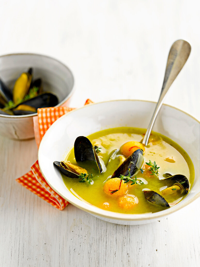 Mussel soup with fennel,saffron and butternut squash balls