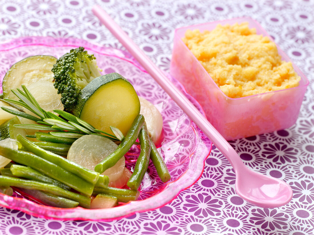 Green vegetables cooked with rosemary, polenta