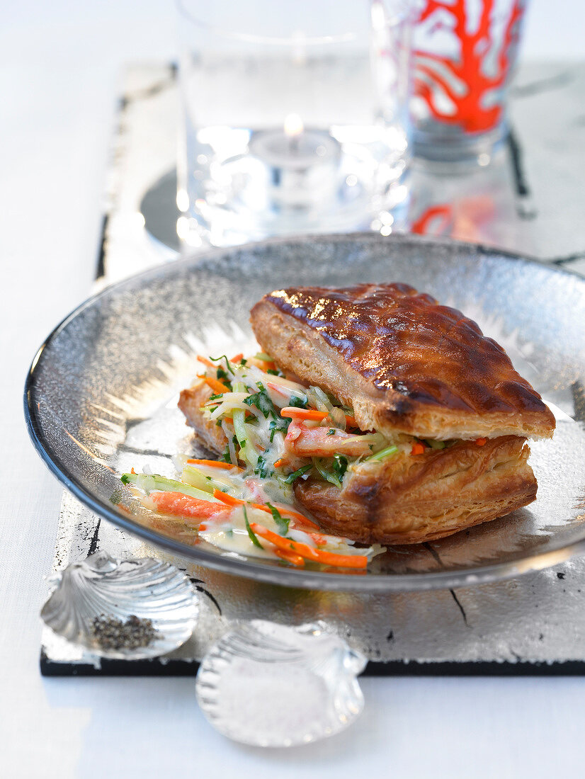 Crab and vegetable individual flaky pastry pie
