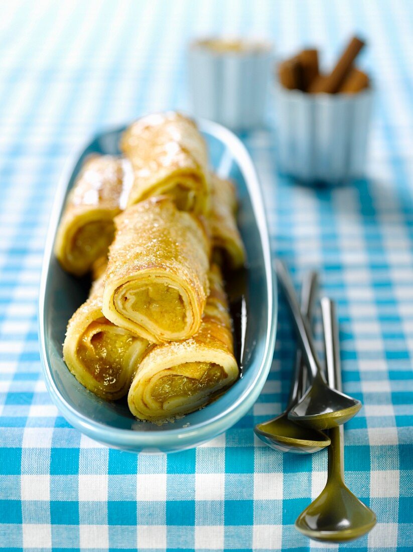 Rolled pancakes with rhubarb filling