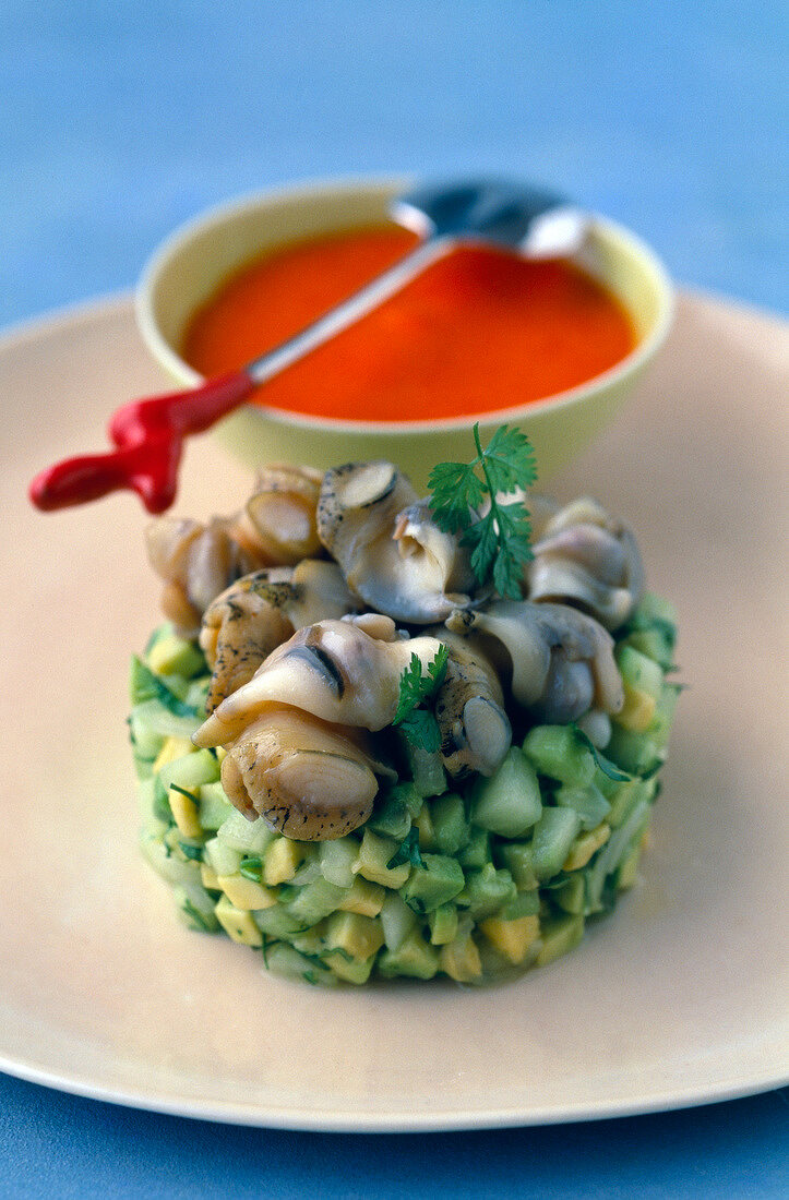 Avocado-Gurken-Tatar mit Wellhornschnecken und roter Paprikasauce