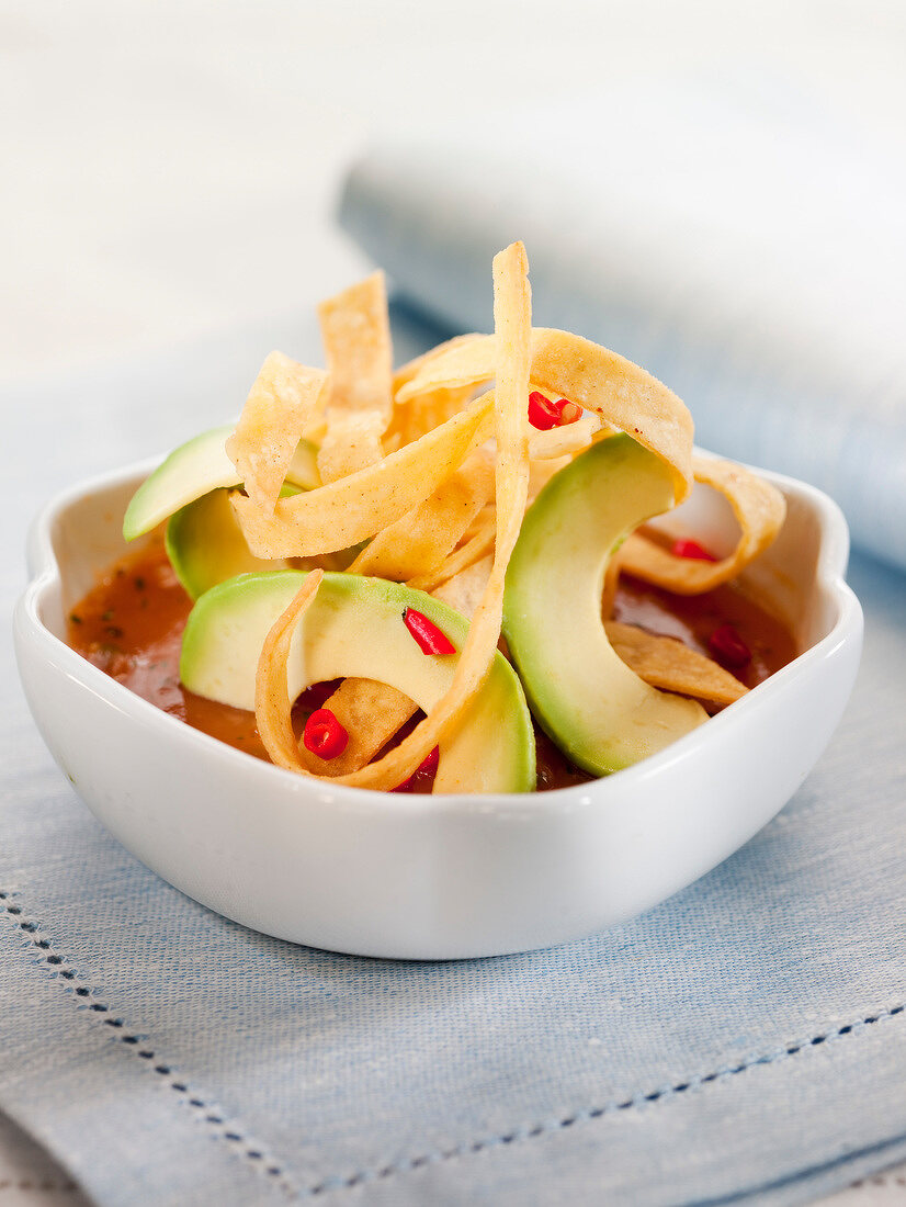 Aztec-style tomato, avocado and Guindilla pepper soup