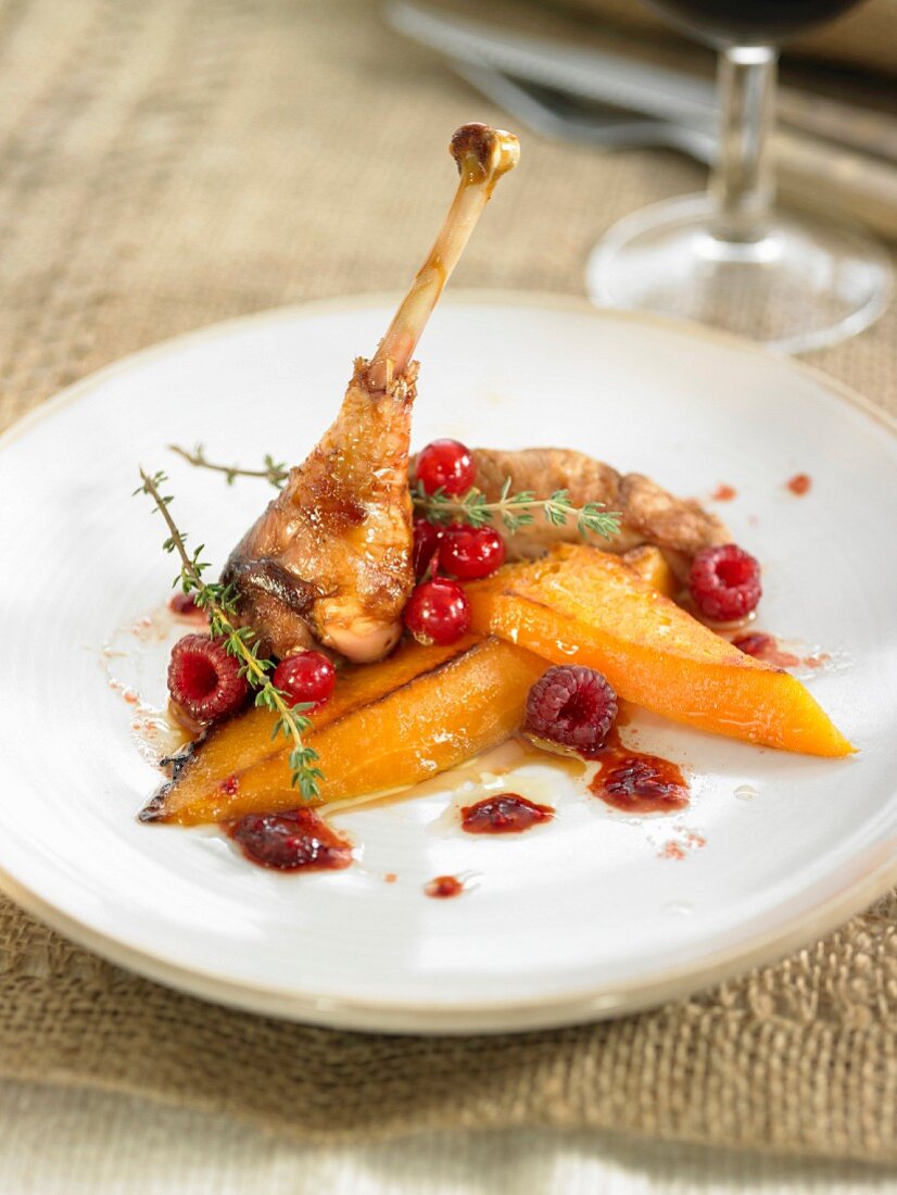 Pheasant with stewed pumpkin and summer fruit
