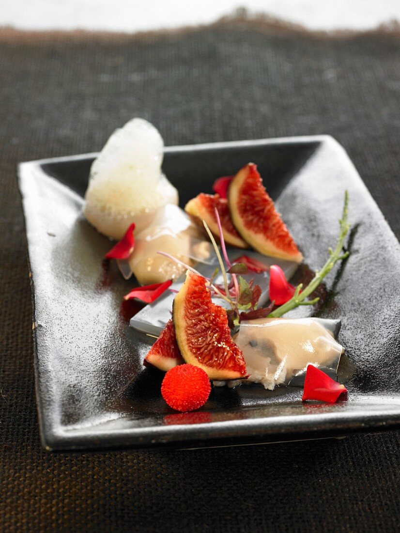 Jellied oysters with figs, lychees and rose petals