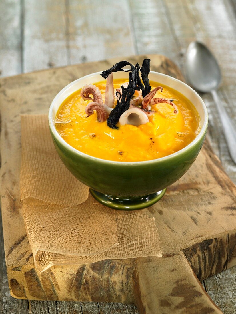 Pumpkin soup with octopus and Nori seaweed