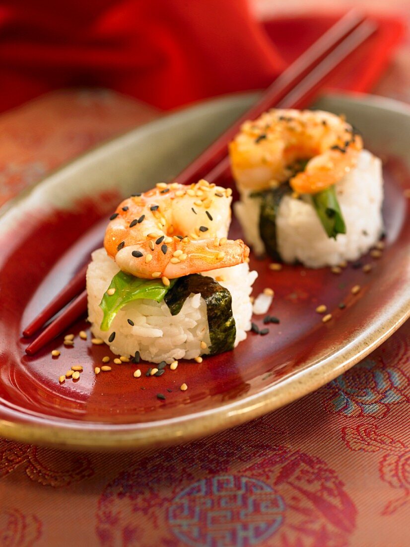 Rice, gambas, nori seaweed and sesame seed makis