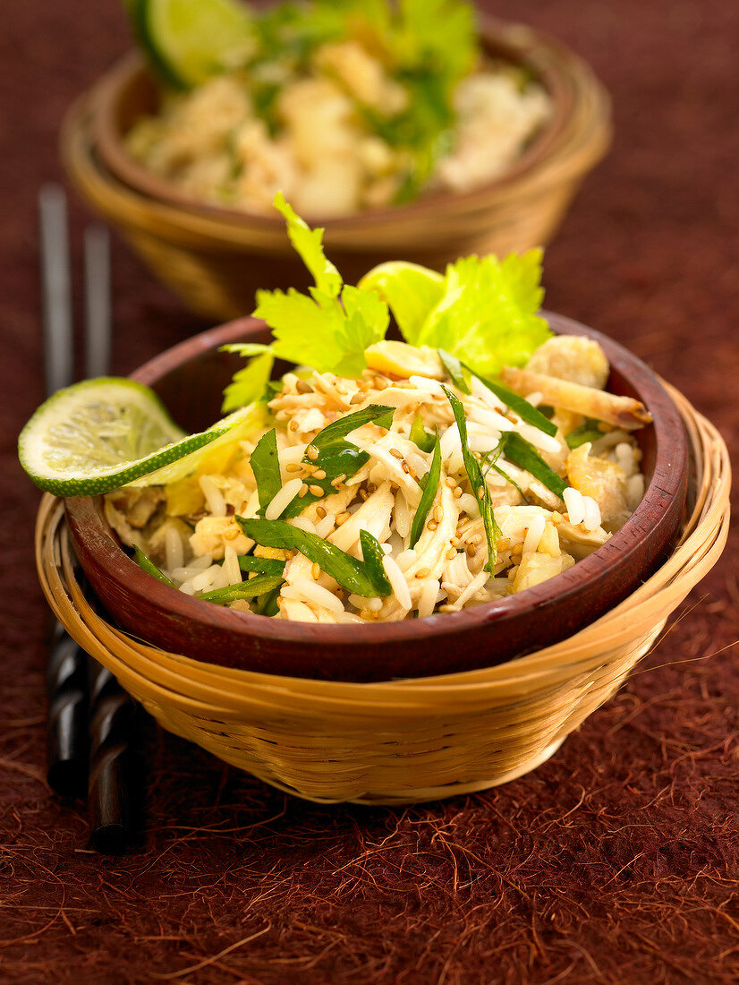 Rice, chicken, celery and sesame seed salad