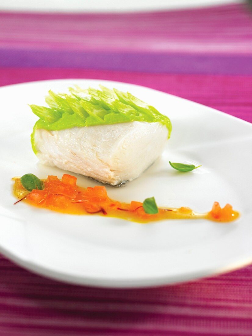 Cod and celery with white wine and saffron sauce