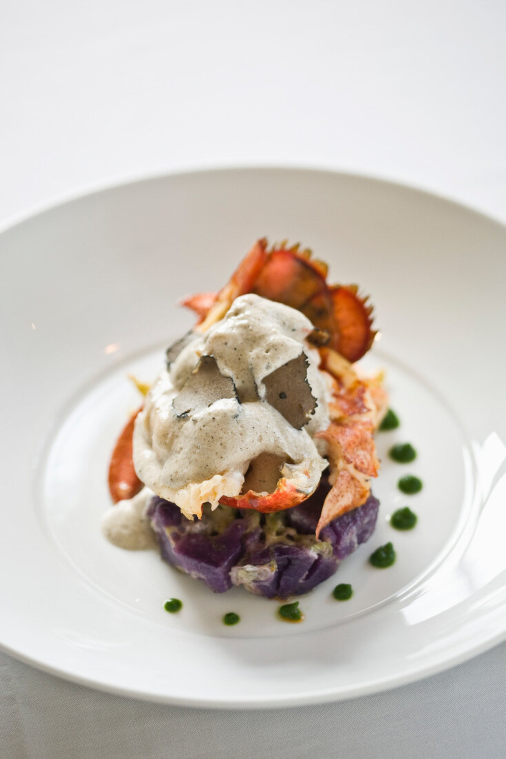 Lobster tail with truffle emulsion and purple potatoes