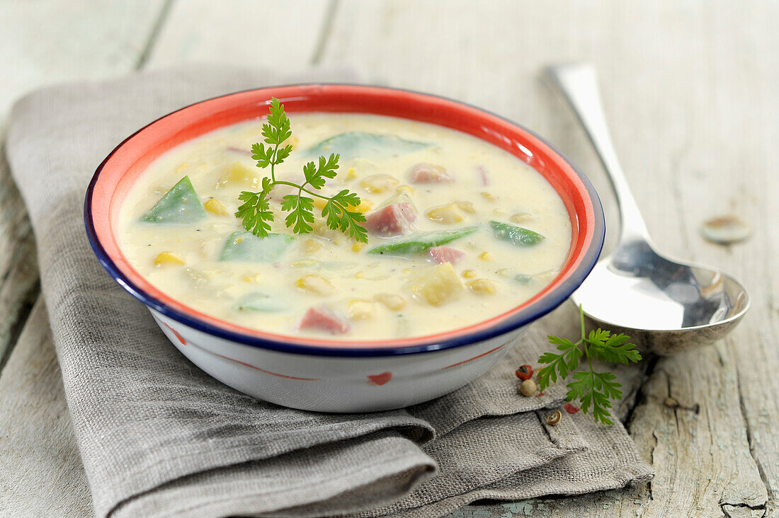 Sweet corn,ham and runner bean soup