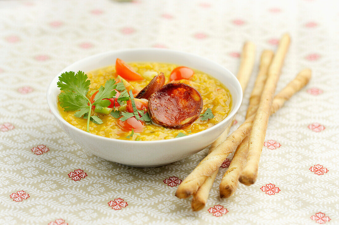 Lentil soup with tomatoes and chorizo