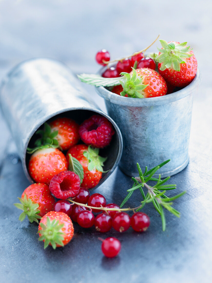 Rote Sommerbeeren in Zinkgefässen