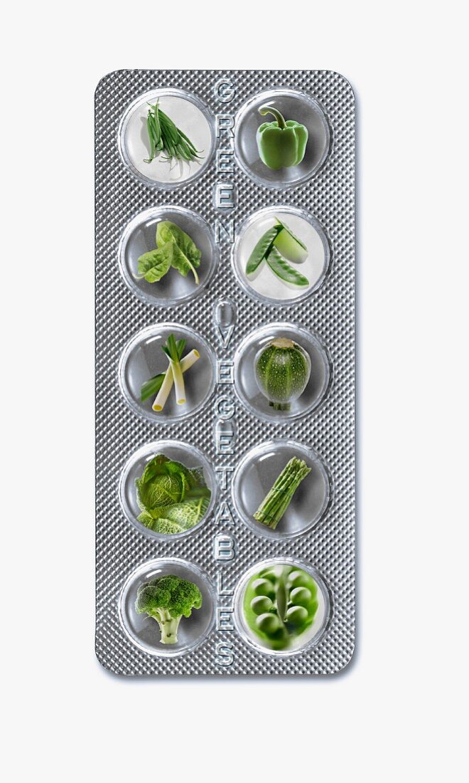 Tablettenverpackung mit Gemüse als Tabletten