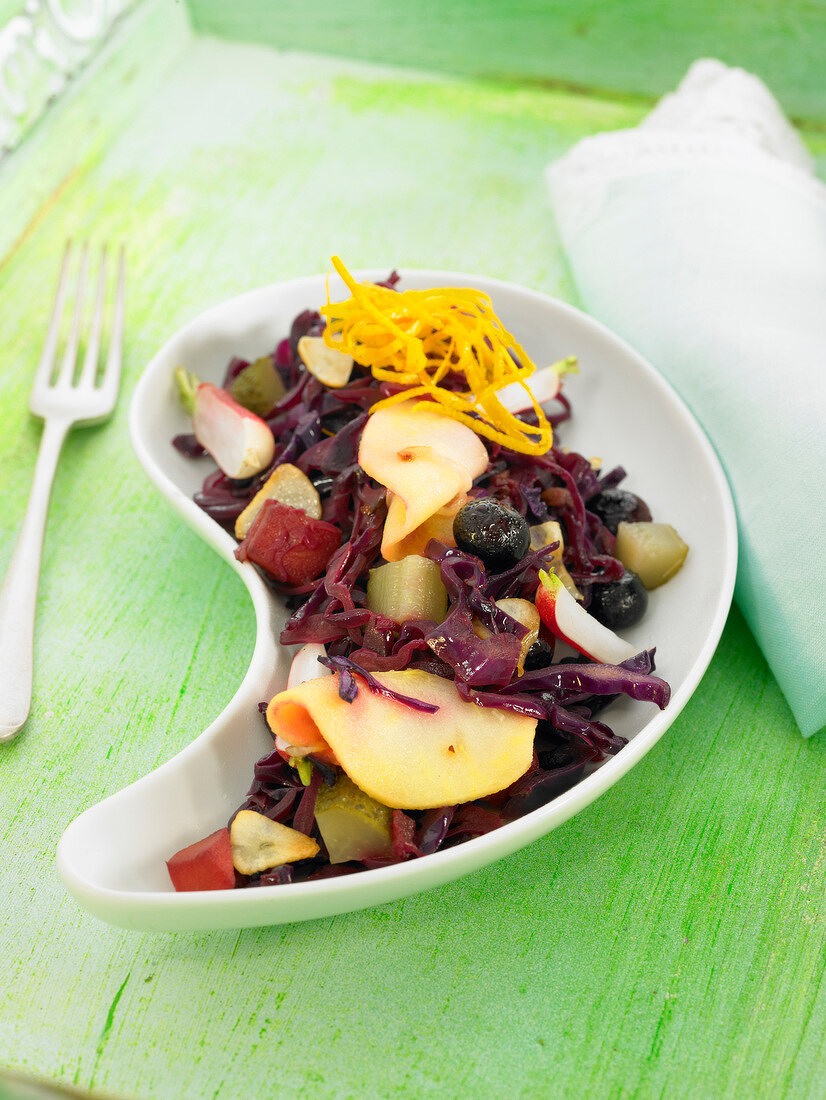 German-style red cabbage, radish, gherkin, olive and apple salad