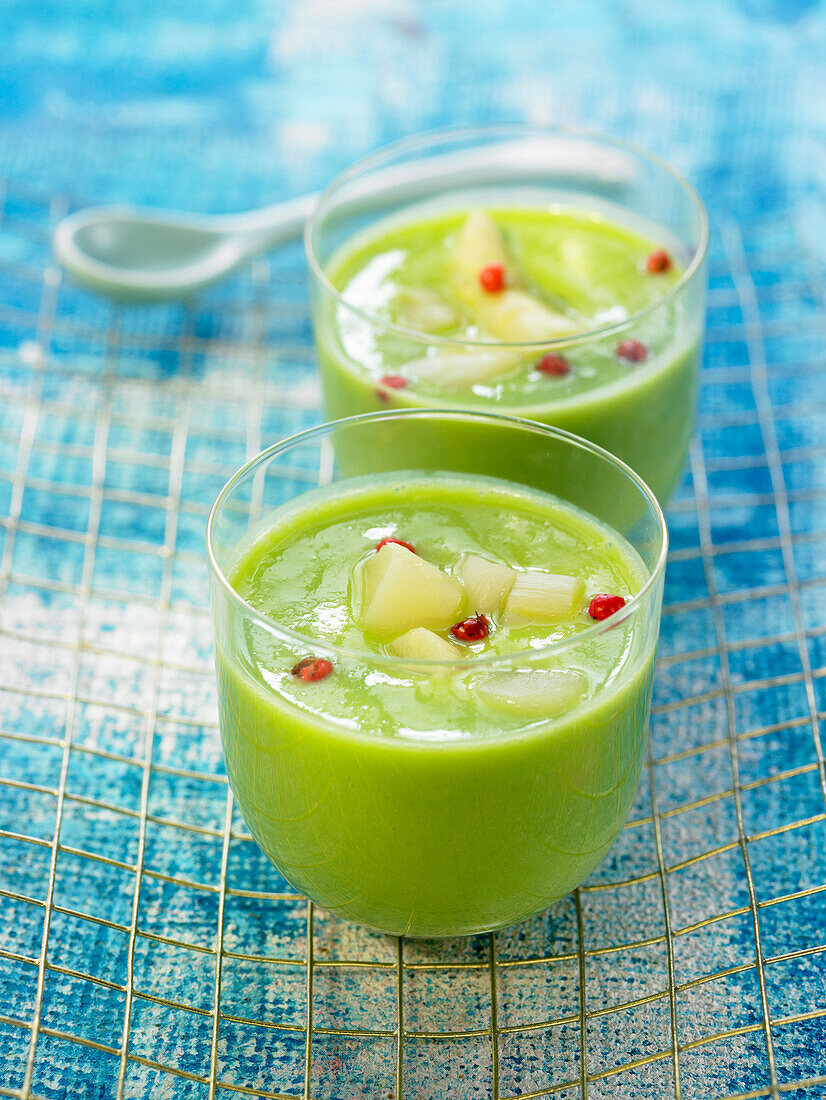 Pea and asparagus green gaspacho with pink peppercorns