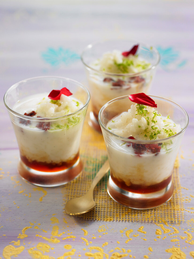 Rice pudding with rose jam and lime zests