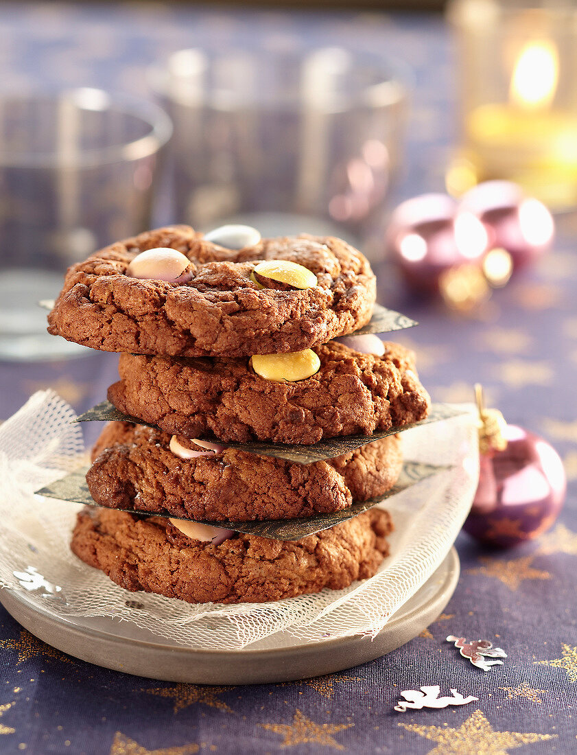 Chocolate cookies decorated with Smarties