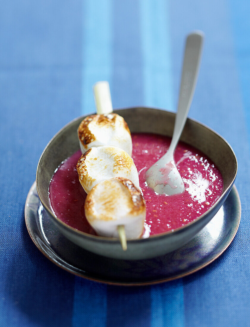Lychee-raspberry fool and a marshmallow brochette