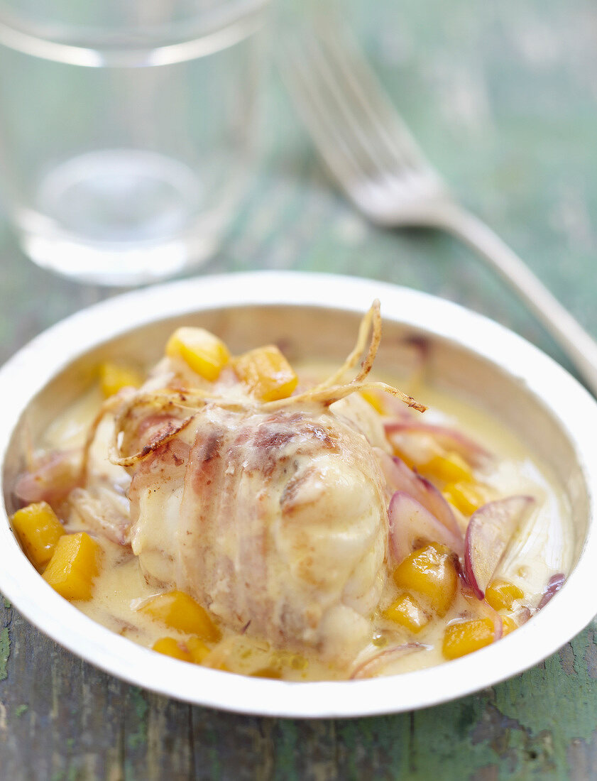 Monkfish Paupiette with mango and coconut milk sauce