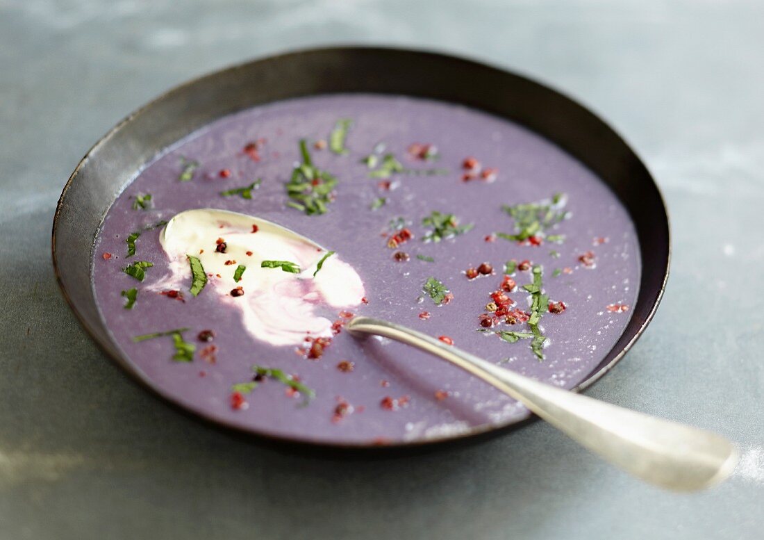 Cream of purple potato soup