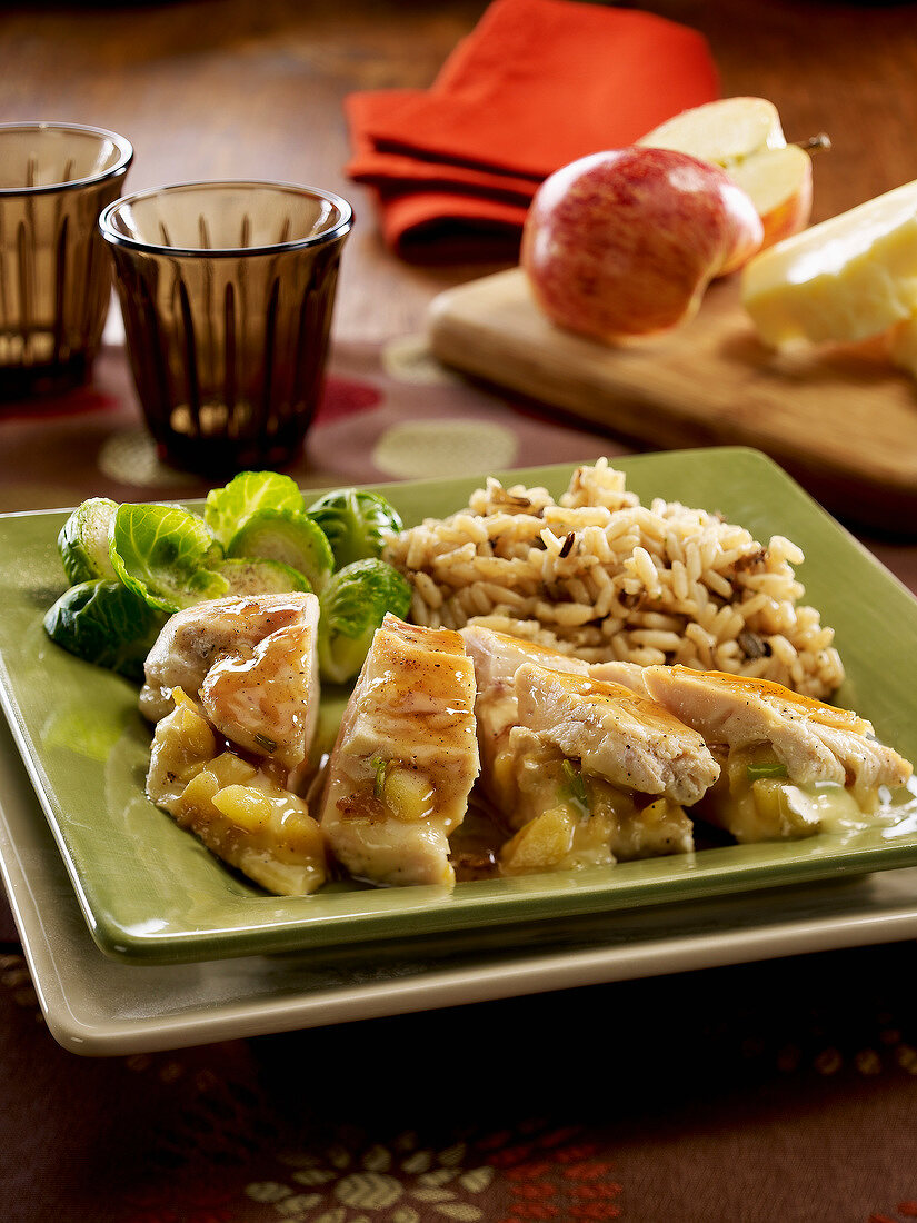 Chicken breast with apple sauce,Brussels sprouts and rice