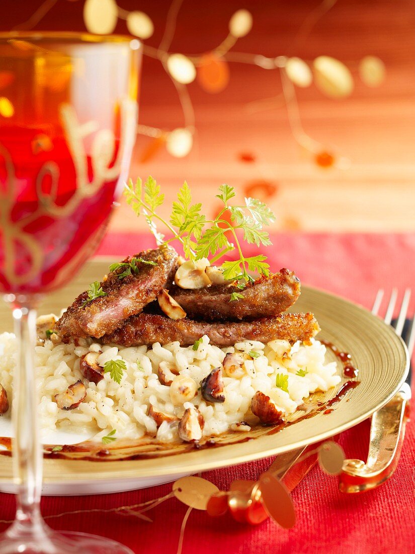 Duck's breast coated in gingerbread crumbs,risotto with hazelnuts