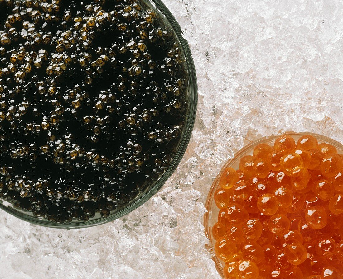 Je eine Schale schwarzer & roter Kaviar in zerstossenem Eis