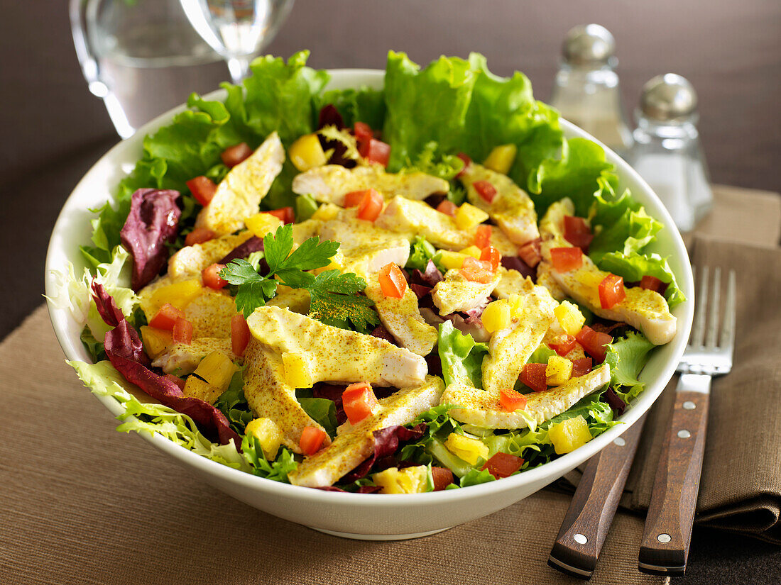 Gemischter Salat mit Hähnchenstreifen – Bilder kaufen – 60179358 StockFood