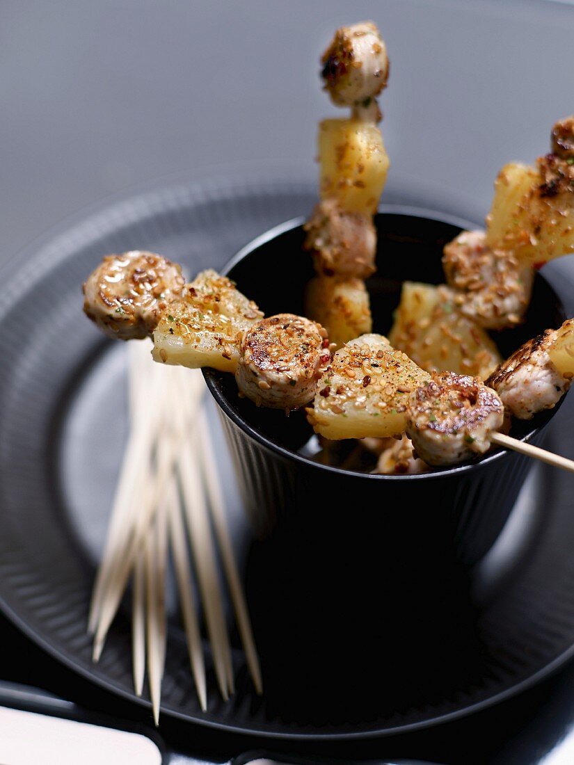 Chicken, pineapple and sesame seed mini brochettes