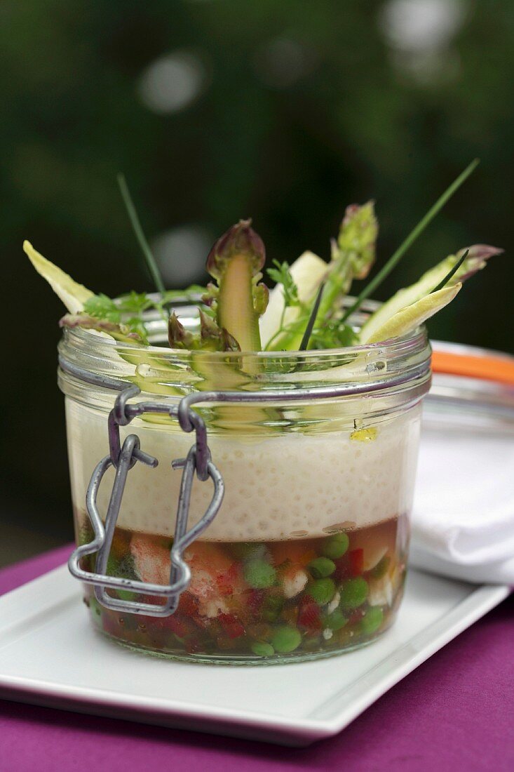 Shrimps and vegetables in aspic with asparagus emulsion