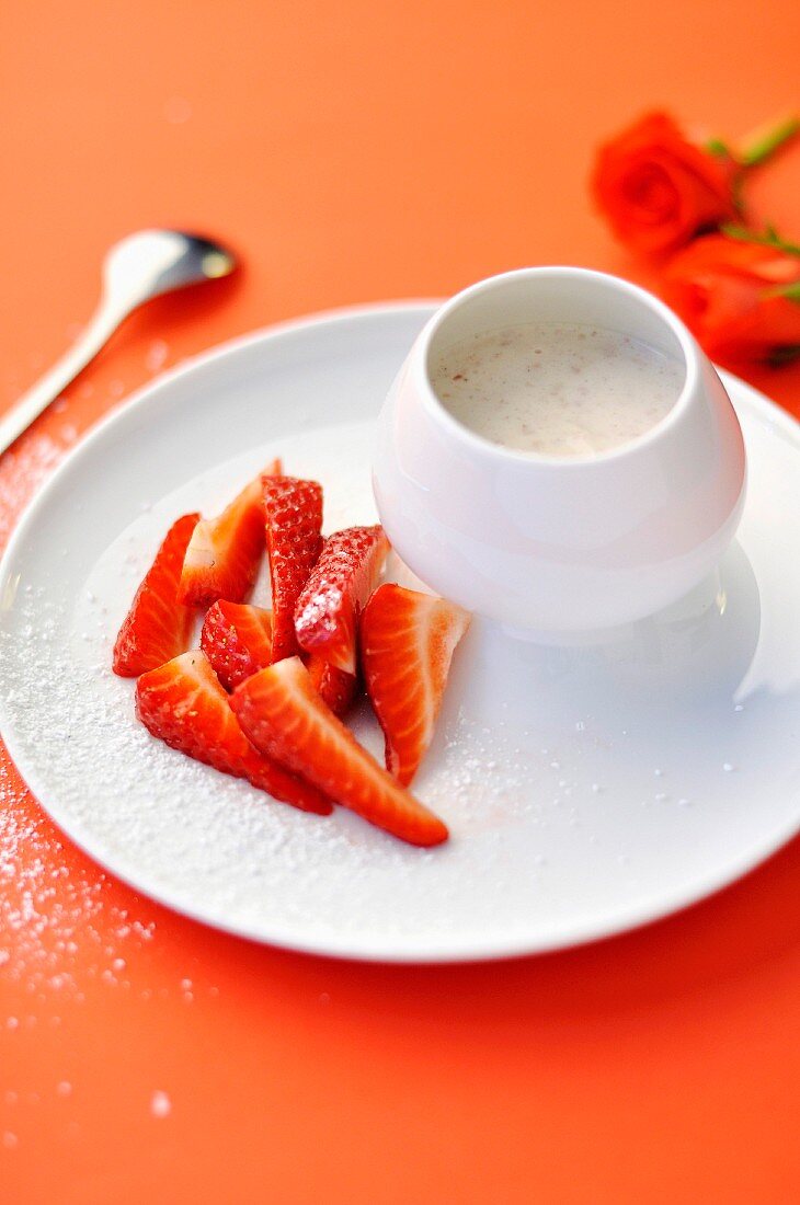 Nasturtium-flavored Fromage blanc with strawberries