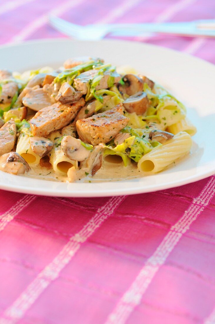 Rigatonis with veal in cream sauce,cabbage and mushrooms