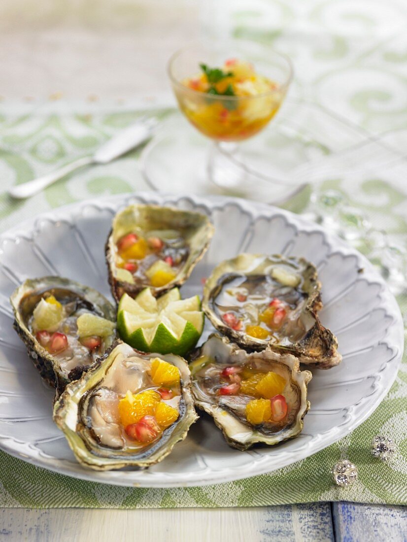 Oysters with citrus fruit and pomegranate dressing