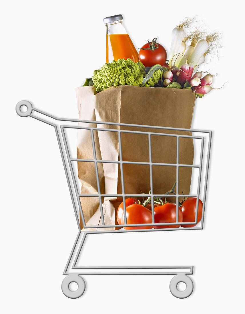 Mini supermarket trolley with a brown paper bag of vegetables