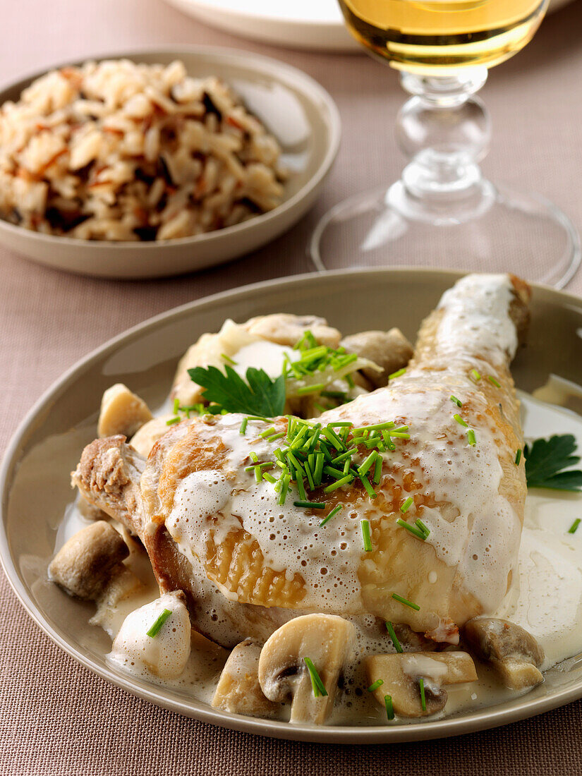 Chicken with mushrooms,chives,rice and creamy sauce