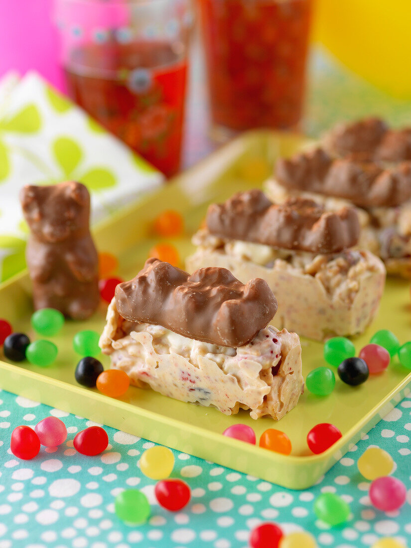 White chocolate cereal bars with chocolate and marshmallow bears