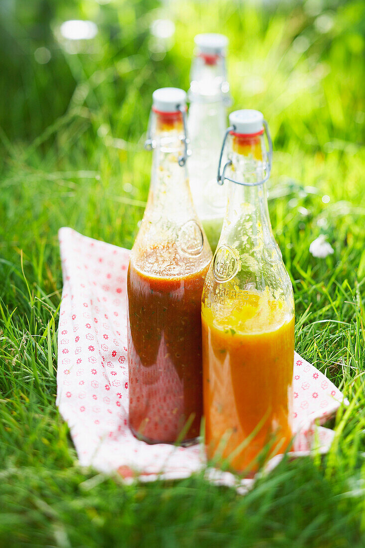 Gelbes, rotes und grünes Gazpacho in Flaschen