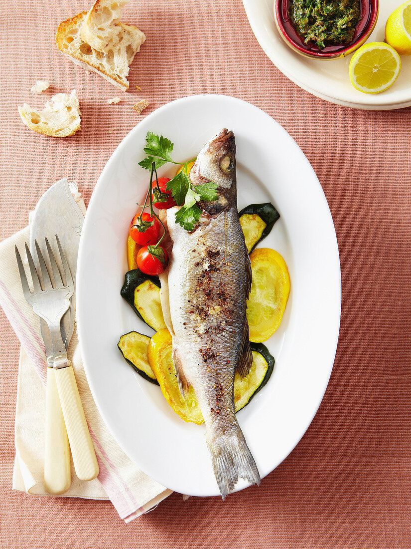 Whole bass with grilled vegetables