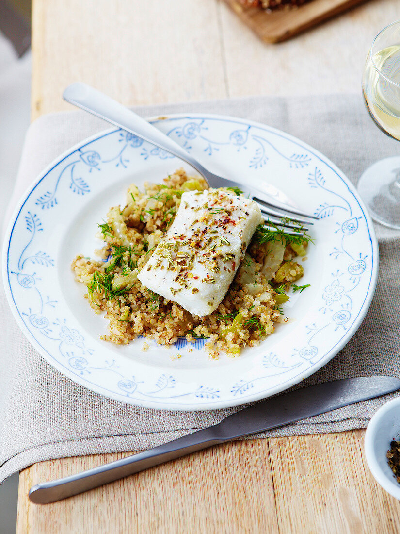 Spicy cod with quinoa and fennel