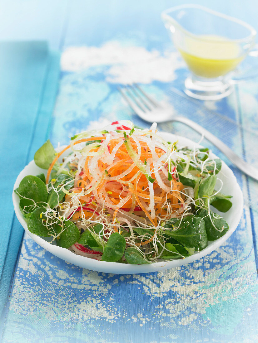 Watercress, carrot, onion and beansprout salad