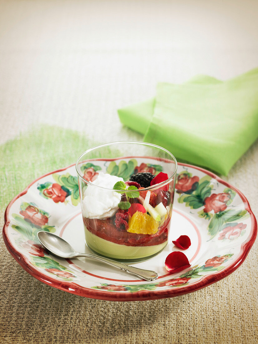 Cream of flowers with shiso and kirsch, fresh fruit and raspberry syrup