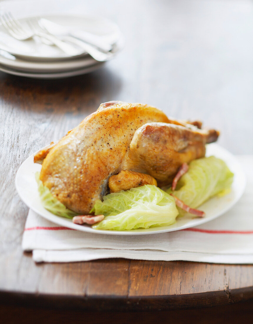 Roast guinea-fowl with cabbage