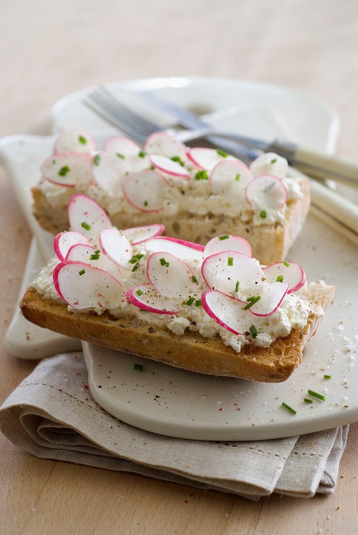 Bruschetta mit Cottage Cheese und Radieschen