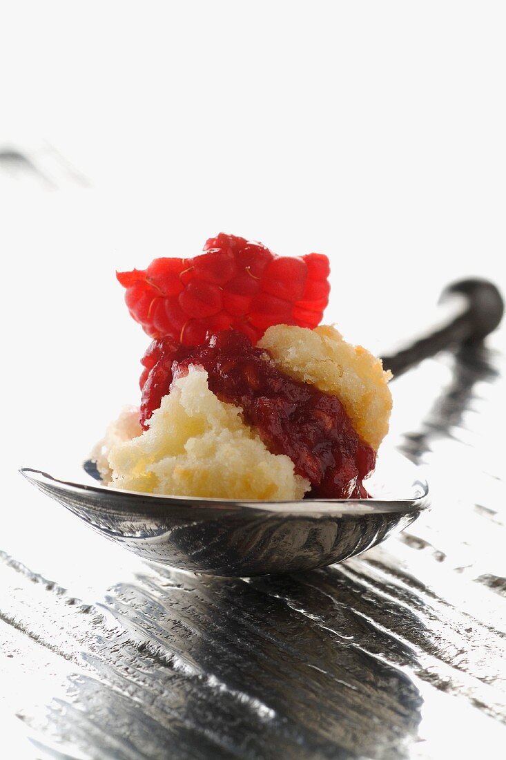 Spoonful of cake with raspberry puree
