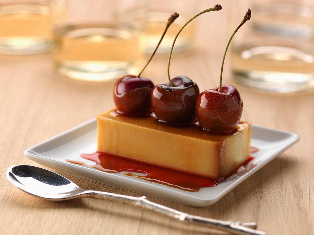 Revisited crème caramel with cherries