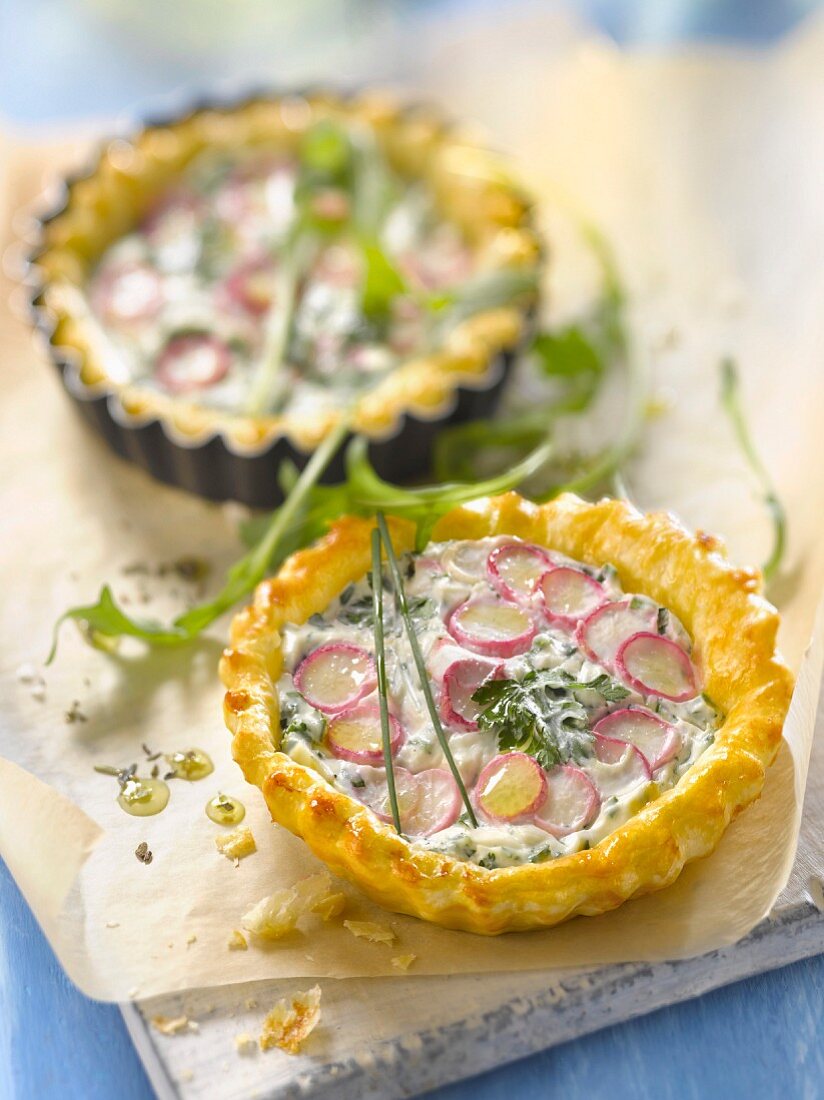 Cream cheese,pink radish and herb tartlets