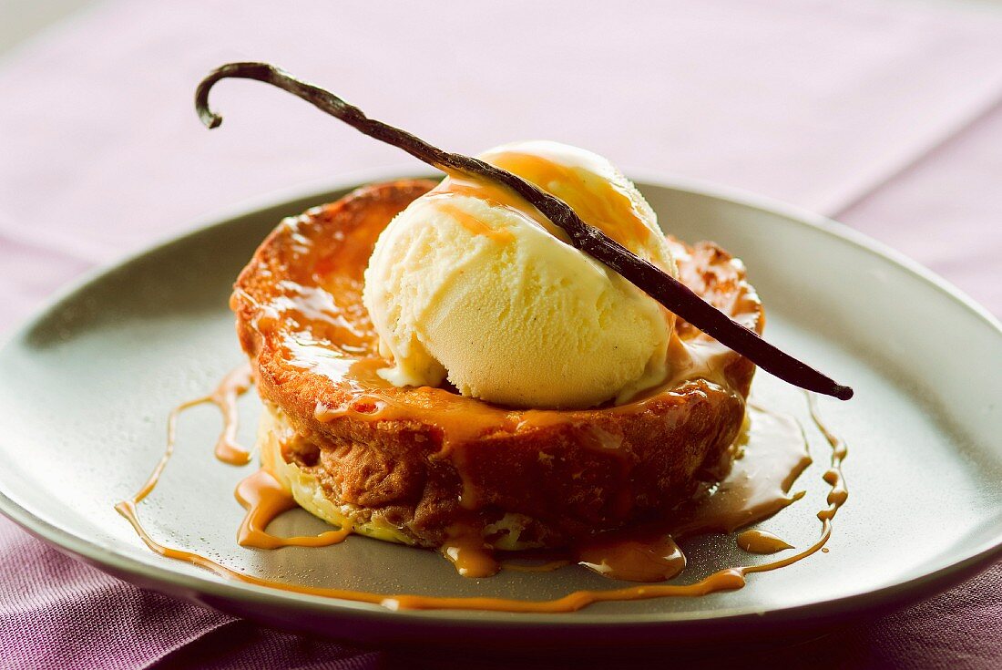 French toast-style brioche with vanilla ice cream and toffee sauce
