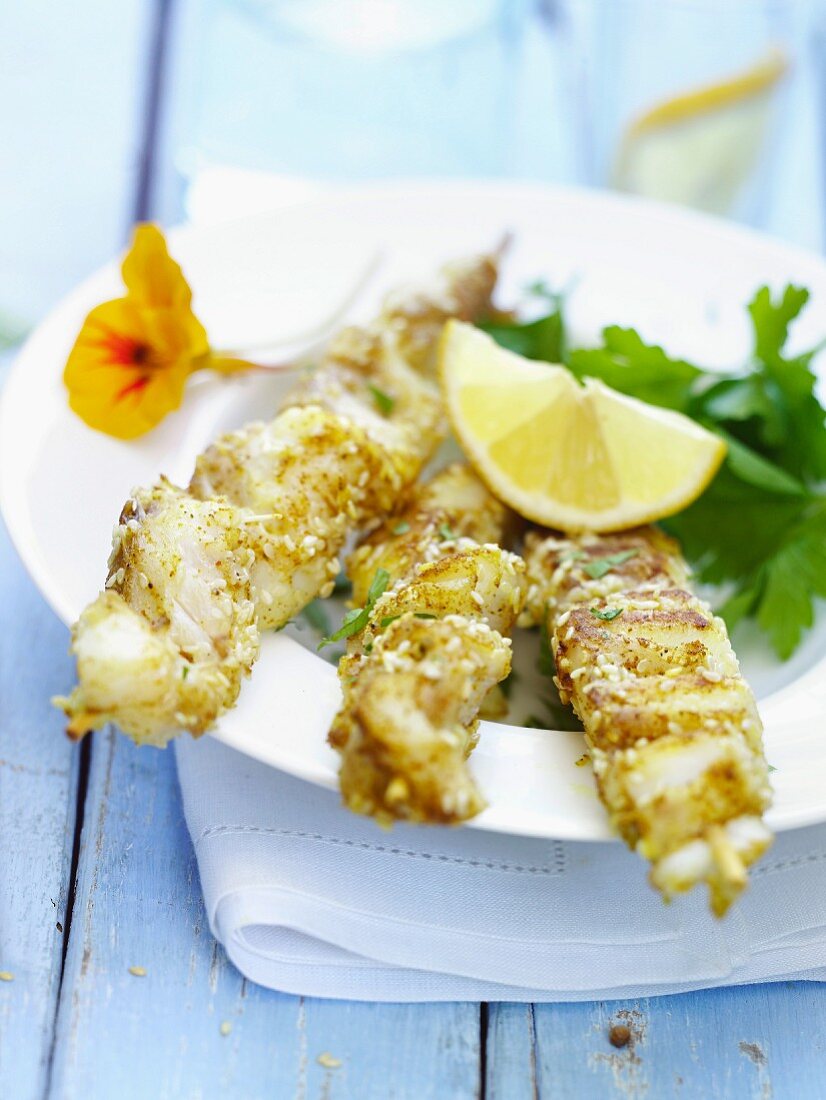 Monkfish and sesame seed brochettes