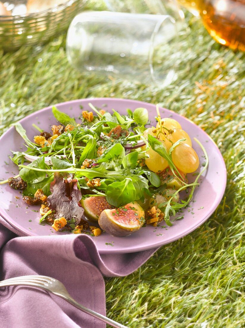 Gemischter Blattsalat mit frischen und getrockneten Feigen, Trauben und Rosinen