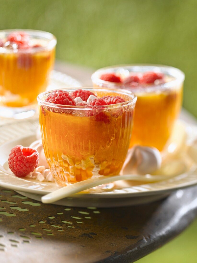 Aprikosenkompott mit Himbeeren und Baiser im Glas